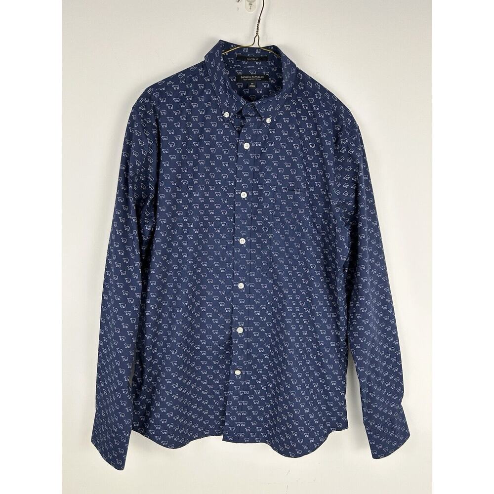 Banana‎ Republic Men's Tech Stretch Shirt Cotton Allover Polar Bears Navy Button